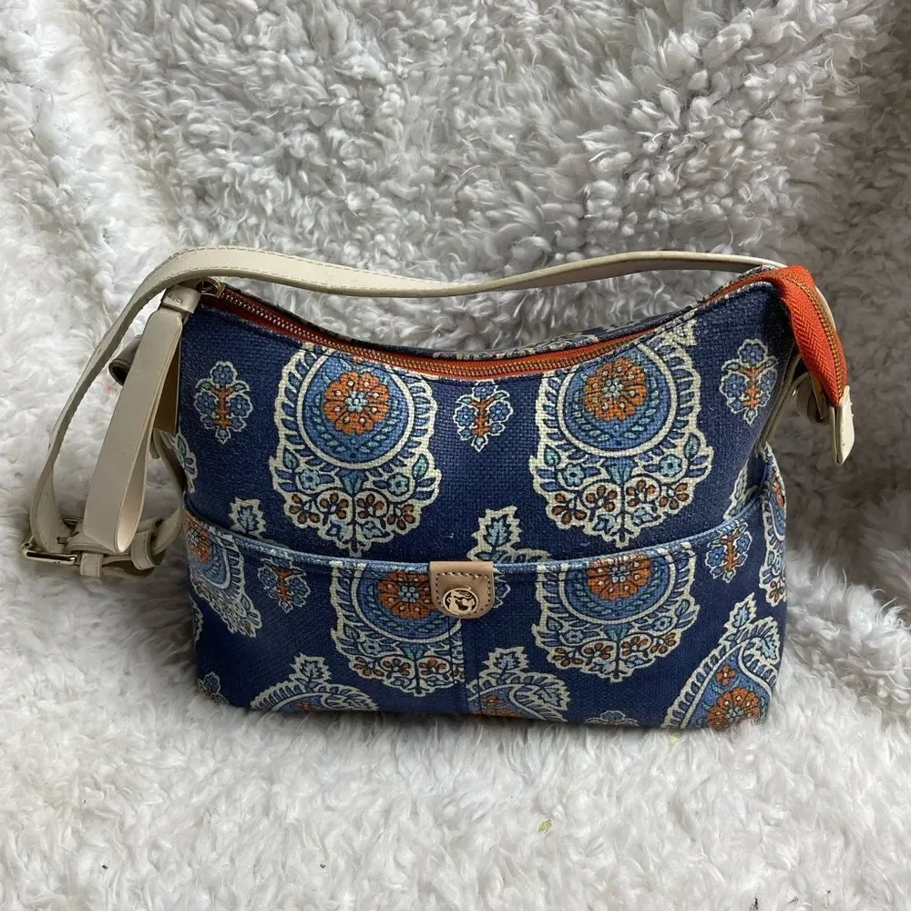 Spartina 449 Blue Bohemian canvas shoulder bag beige strap gold tone hardwares